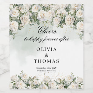 Rótulo De Garrafa De Cerveja Rosas brancas românticas Eucalyptus Greenerescênci