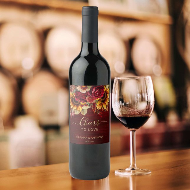 Rótulo De Garrafa De Cerveja rosas burgundy casamento outono girassóis torcida (Cheers to love burgundy roses sunflowers fall wedding personalized wine bottle labels wedding favors)