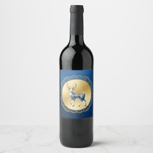 Rótulo De Garrafa De Cerveja Rótulo de vinho azul e dourado elegante (Frente)