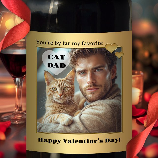 Rótulo De Garrafa De Cerveja Rótulo de Vinho com Foto do Papai Gato Engraçado (Valentine's Day cat dad wine label featuring your own photo framed by a gold design)