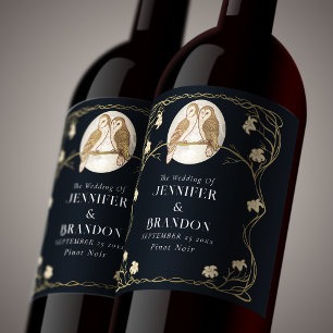 Rótulo De Garrafa De Cerveja Rótulo de Vinho de Casamento de Coruja Nouveau