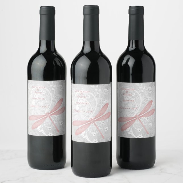 Rótulo De Garrafa De Cerveja Rótulo de Vinho de Casamento de Dragonfly Rosa (Garrafas)
