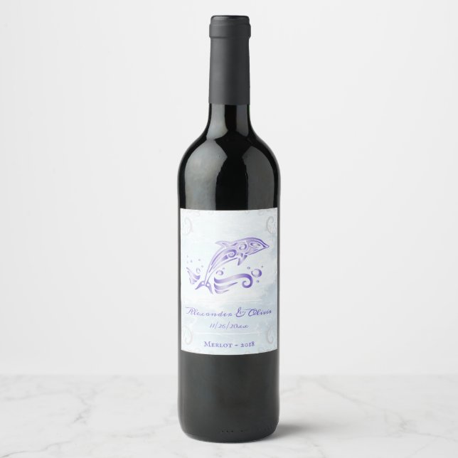 Rótulo De Garrafa De Cerveja Rótulo de Vinho de Casamento de Golfinhos Roxos (Frente)