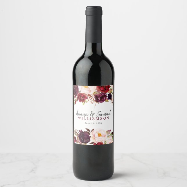 Rótulo De Garrafa De Cerveja Rótulo de vinho de casamento floral Bege Marsala E (Frente)