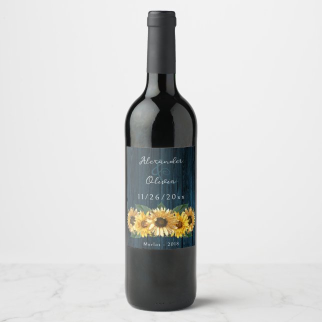 Rótulo De Garrafa De Cerveja Rótulo de Vinho de Casamento Rustic Blue Sunflower (Frente)