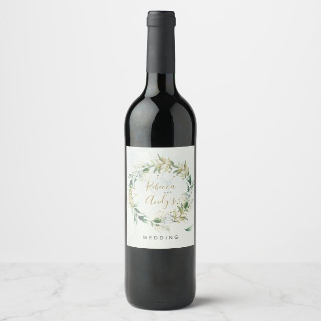 Rótulo De Garrafa De Cerveja Rótulo de vinho Dourado e verde, casamento boho (Frente)