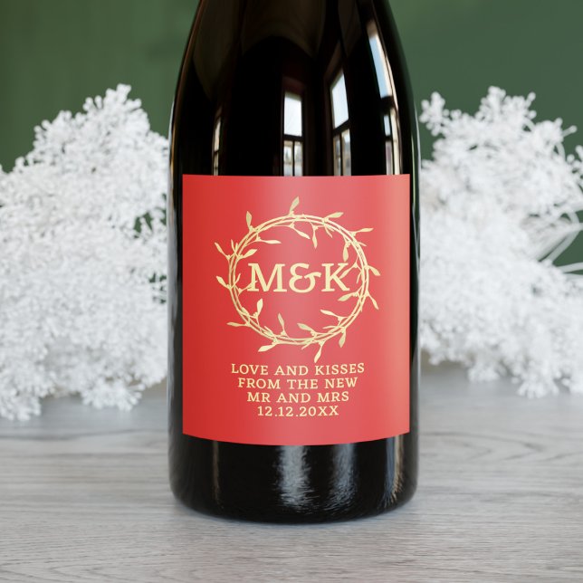 Rótulo De Garrafa De Cerveja Rótulo de Vinho Feriado de Feriado de Erva Vermelh (Festive red and gold mistletoe wreath wine label with space for your initials and message)