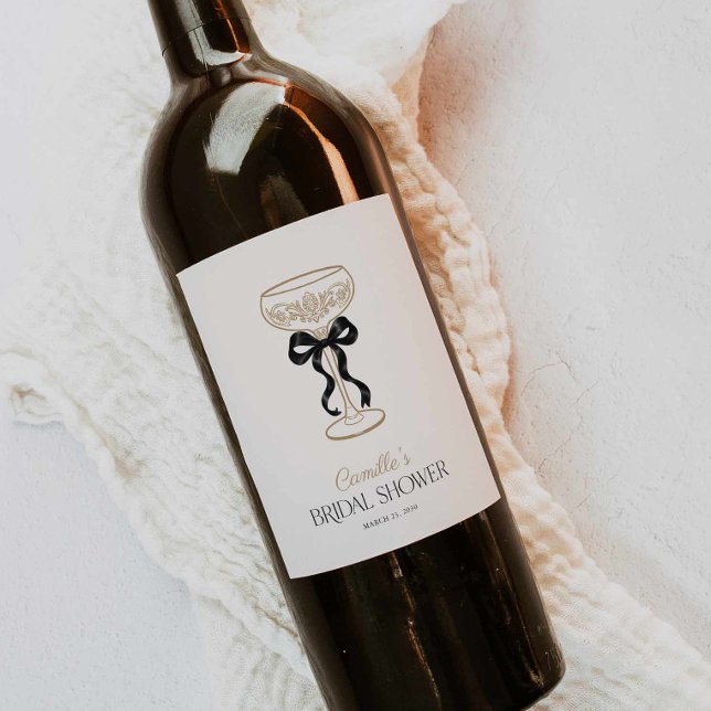 Rótulo De Garrafa De Cerveja Rótulo de Vinho para Brunch com Champanhe Arco Pre (Black Bow Bridal Shower Wine Bottle Label)