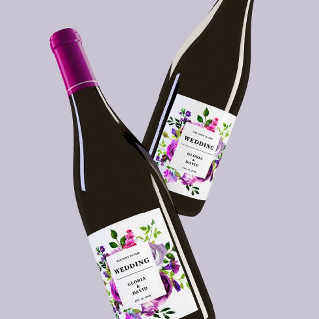 Rótulo De Garrafa De Cerveja Rótulo Romântico de Vinho de Casamento Floral Roxo (Criador carregado)