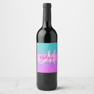 Rótulo De Garrafa De Cerveja Roxo Glitter Brilho Gradiente Monograma Aqua Glam