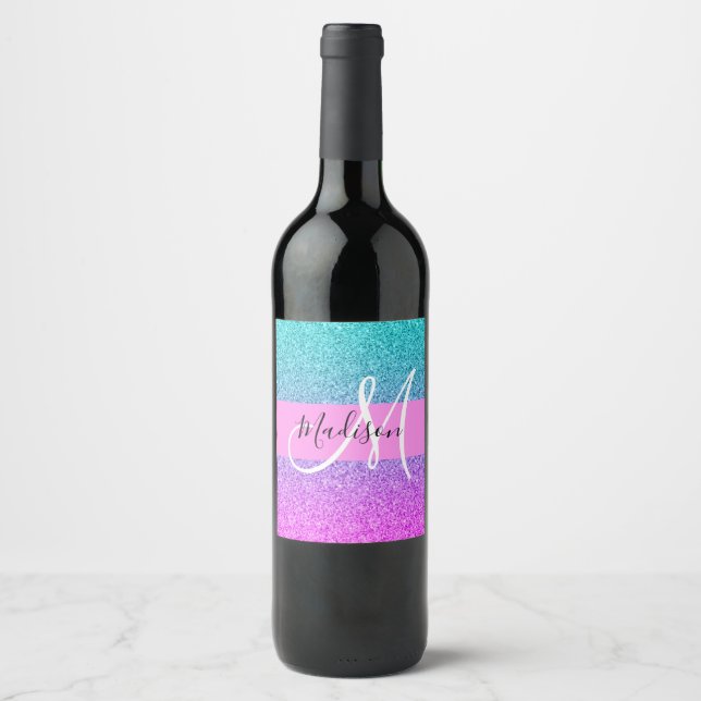 Rótulo De Garrafa De Cerveja Roxo Glitter Brilho Gradiente Monograma Aqua Glam (Frente)