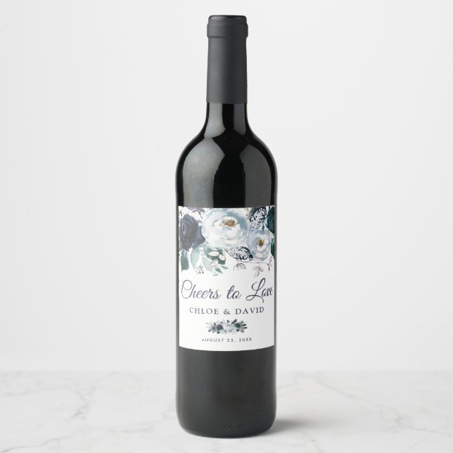 Rótulo De Garrafa De Cerveja Rústico Boho Azul Floral Brindamos ao Amor (Frente)