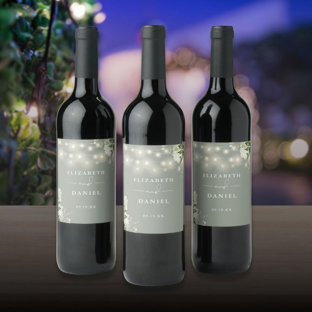 Rótulo De Garrafa De Cerveja Sage Green String Lights Floral Greenery Casamento (Sage Green String Lights Floral Greenery Wedding Wine Label)
