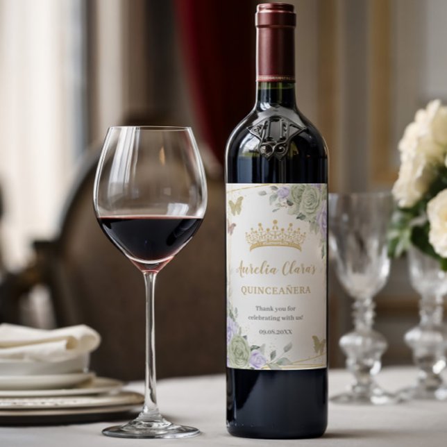 Rótulo De Garrafa De Cerveja Sage Verde Roxo Floral Dourado Quinceañera Anivers (Criador carregado)