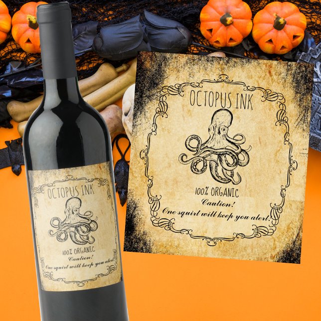 Rótulo De Garrafa De Cerveja sala de boticário halloween vintage polvo tinta (Criador carregado)