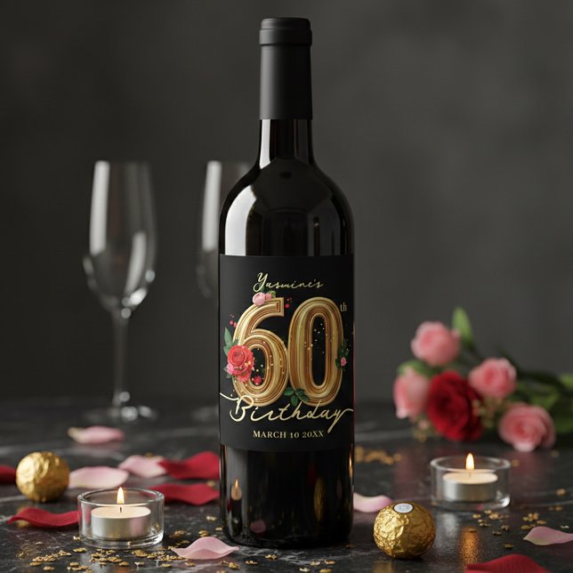 Rótulo De Garrafa De Cerveja Stylish 60th Birthday Black Gold Red Pink Roses (Criador carregado)