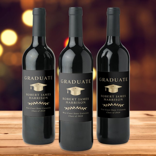 Rótulo De Garrafa De Cerveja Tampa de Graduação Elegante Preto Dourado Festa de (Criador carregado)