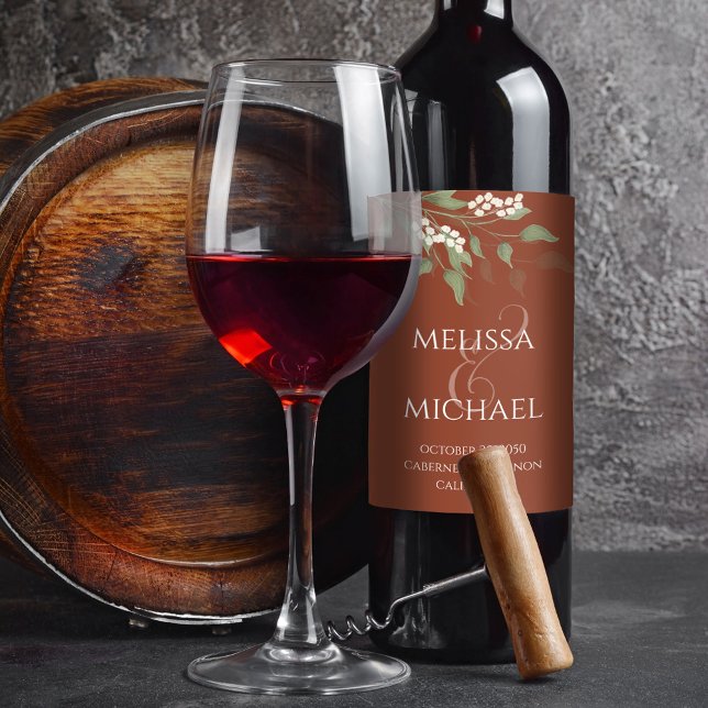 Rótulo De Garrafa De Cerveja Terracotta Wedding Greenery Personalizado (Terracotta elegant greenery calligraphy ampersand wine bottle label.)