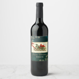Rótulo De Garrafa De Cerveja Trenó de Natal Vintage, Folhas de Visco e Flocos d