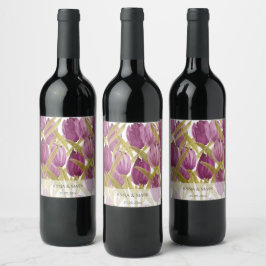 Rótulo De Garrafa De Cerveja Tulipas Roxas Aquarela Elegante
