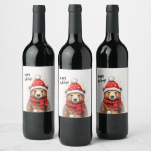 Rótulo De Garrafa De Cerveja Urso Inverno com Chapéu Vermelho Cozy