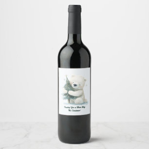Rótulo De Garrafa De Cerveja Urso Polar Adorável Abraçando Árvore De Natal, Bon