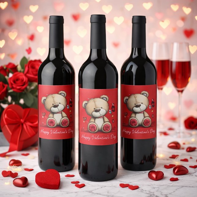 Rótulo De Garrafa De Cerveja Valentine Teddy Bear with Rose and Hearts (Criador carregado)