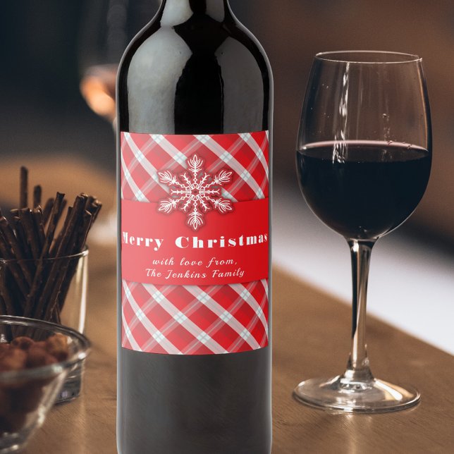 Rótulo De Garrafa De Cerveja Vermelho Xadrez Rústico Floco de Neve Natal Feriad (Criador carregado)