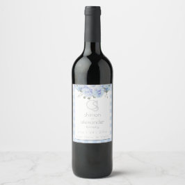 Rótulo De Garrafa De Cerveja Vinho de Casamento | Monograma Blue Gingham Floral