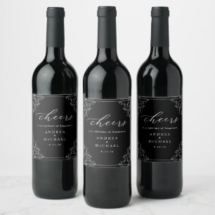 Rótulo De Garrafa De Cerveja Vinho de Casamento Negro e Branco Elegante