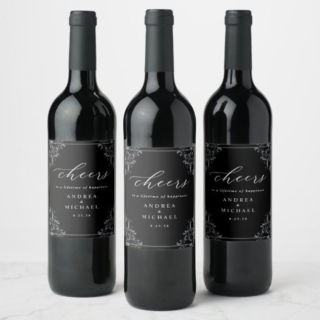 Rótulo De Garrafa De Cerveja Vinho de Casamento Negro e Branco Elegante (Garrafas)
