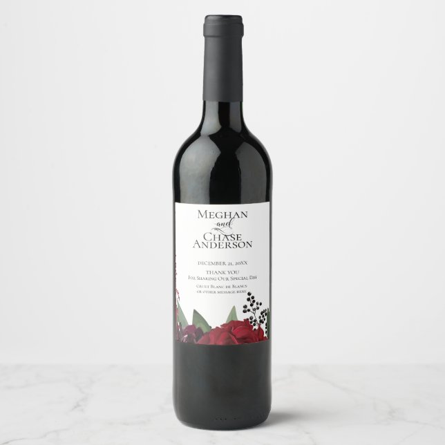 Rótulo De Garrafa De Cerveja Vinho de Casamento | Rich Burgundy Marsala Floral (Frente)