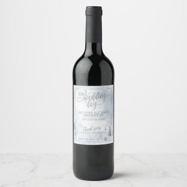 Rótulo De Garrafa De Cerveja Vinho de Casamento | Silver Blue Winter Wonderland (Frente)