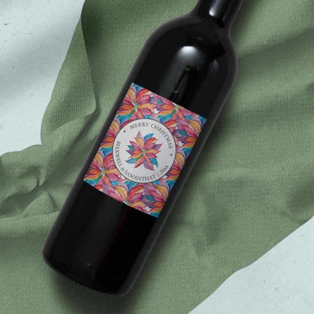 Rótulo De Garrafa De Cerveja Vinho de Natal Marca Aquarela Botânica (Christmas wine label unique unique botanical watercolor poinsettia)
