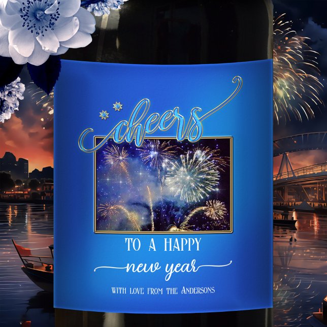Rótulo De Garrafa De Cerveja Vinho Fotográfico de Ano Novo (A festive Cheers to the New Year wine label in midnight blue, with the option to add your own photo)