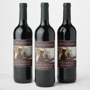 Rótulo De Garrafa De Cerveja Vintage Halloween Black Cat & Owl Witl Hat Moon