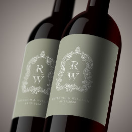 Rótulo De Garrafa De Cerveja Vintage Monograma Crest Names Sage Green Wedes