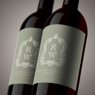 Rótulo De Garrafa De Cerveja Vintage Monograma Crest Names Sage Green Wedes