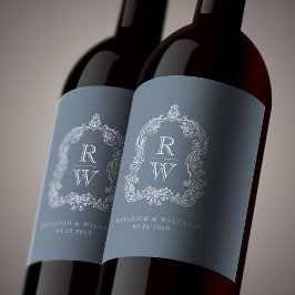 Rótulo De Garrafa De Cerveja Vintage Monogramas Crest Nomes Dusty Blue Casament