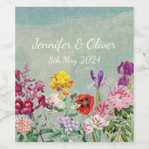 Rótulo De Garrafa De Cerveja Vintagem colorida florescendo lindas flores silves