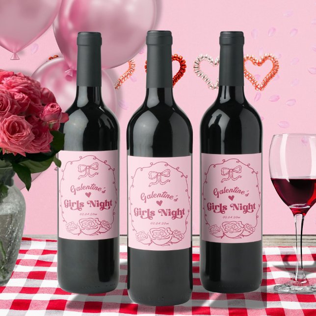 Rótulo De Garrafa De Cerveja Whimsical Trendy Galentine's Girls Night Party (galentines day girls night out pink coquette whimsical wine bottles)