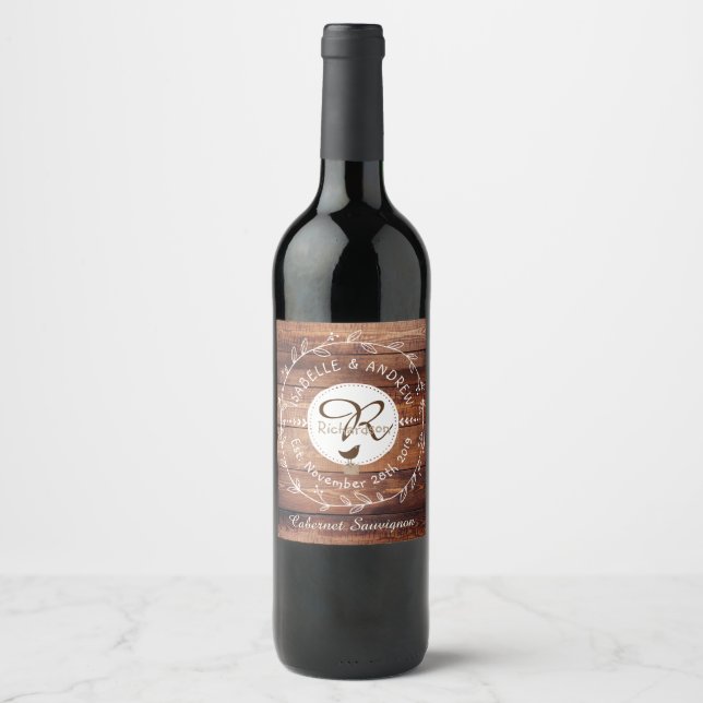 Rótulo De Garrafa De Cerveja Woodland Casamento Monograma Madeira Folha Pássaro (Frente)