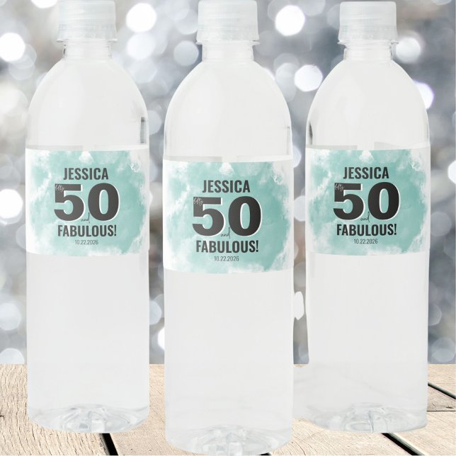 Rótulo De Garrafa De Vinho 50 anos 50 anos aniversário (Modern Teal Fifty Fabulous 50th Birthday Water Bottle Label )