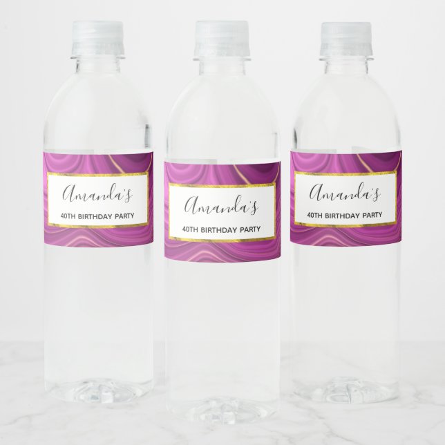 Rótulo De Garrafa De Vinho Ametista Roxo E Ágato-Abstrato Dourado Aniversário (Garrafas)