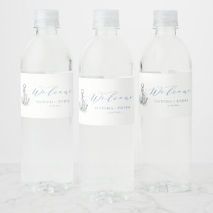 Rótulo De Garrafa De Vinho Âncora Floral Azul e Branco Casamento Náutico