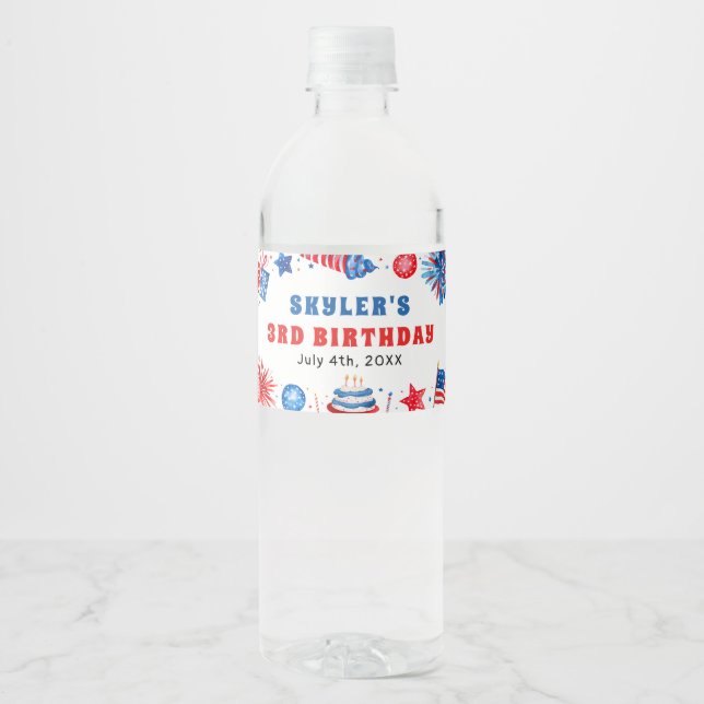 Rótulo De Garrafa De Vinho aniversário de 3 anos de Verão Vermelho e Azul em  (Frente)
