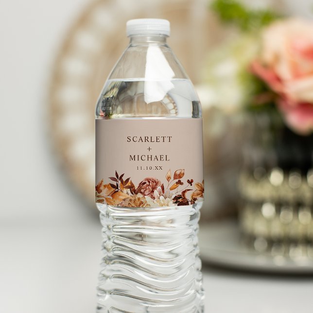 Rótulo De Garrafa De Vinho Autumn Wedding (Autumn Taupe Floral Wedding Water Bottle Label by Painted Paperie

)