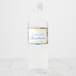 Rótulo De Garrafa De Vinho Baptism Boy Modern Rosa Dusty Blue Watercolor