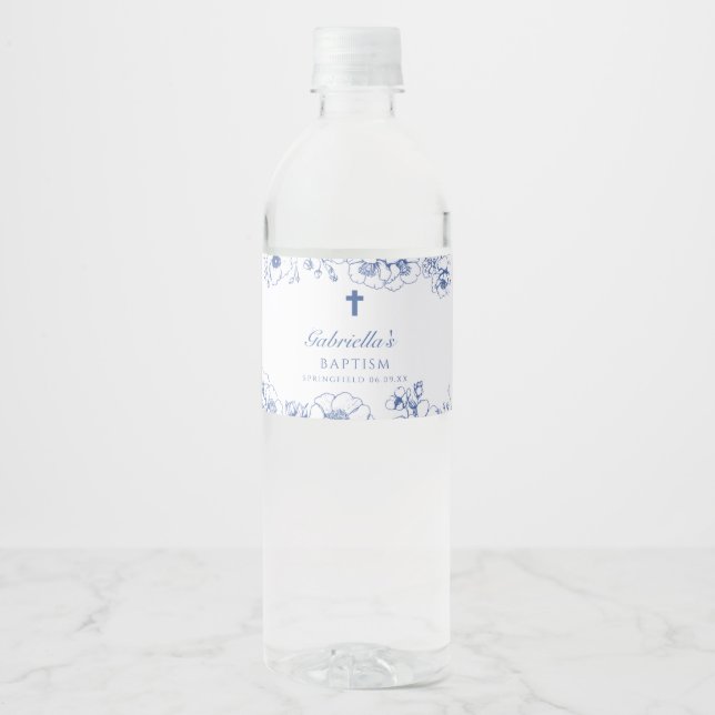 Rótulo De Garrafa De Vinho Batismo Botânico Azul Floral (Frente)