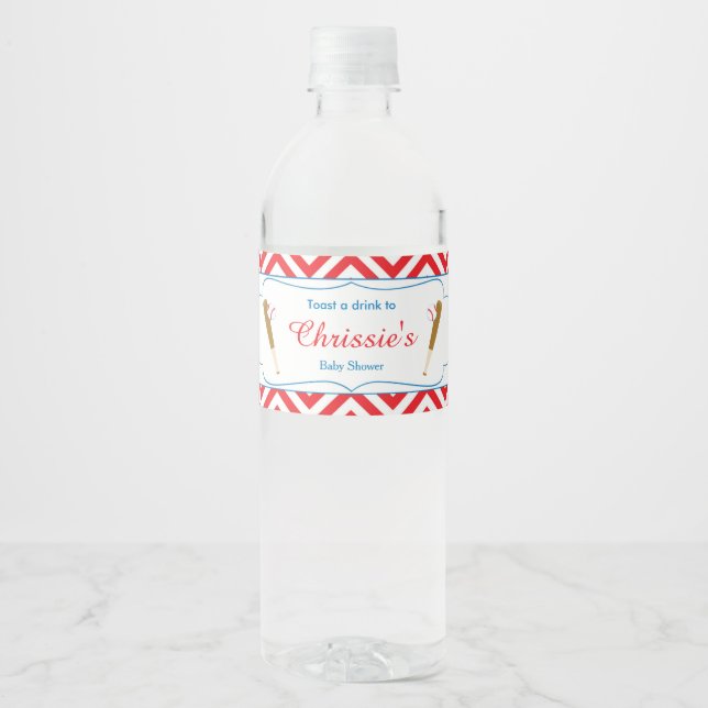 Rótulo De Garrafa De Vinho Bebê de beisebol em Chevron Vermelho e Branco (Frente)